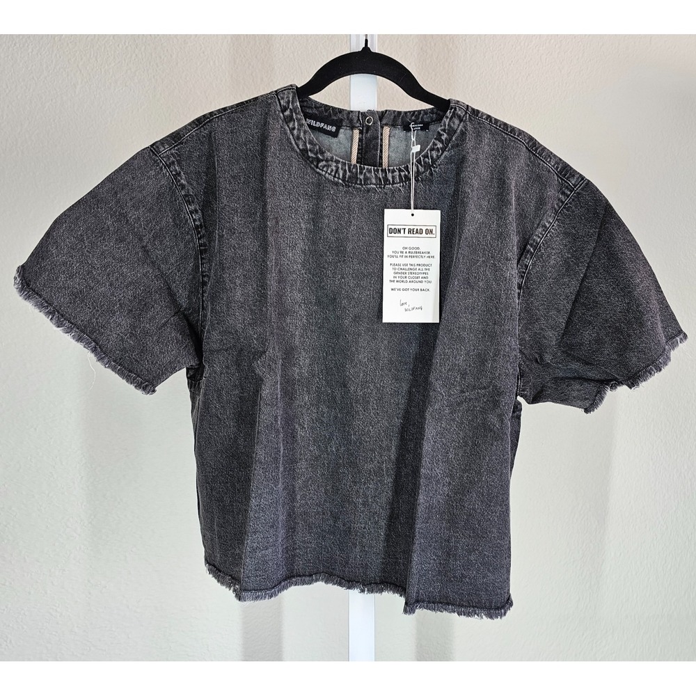 Wildfang Shirt Womens Large Black Essential Denim Boxy Top  Distressed Raw Hem